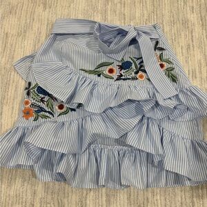 Bershka Blue Striped Mini Skirt with Floral Embroidery